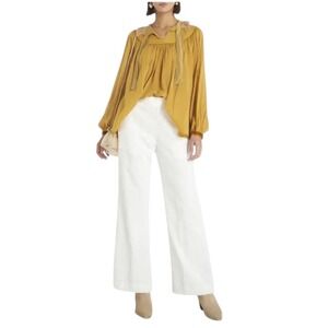 forte forte Shirt Women 4 Gold‎ Yellow Ruffle Collar Tie Neck Blouse Bohemian